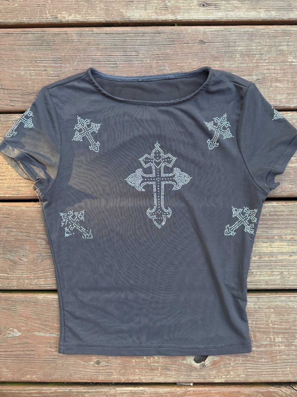 Women’s Size S Rhinestone Cross Mesh Top Gray Gothic Y2K Stretch Tee
